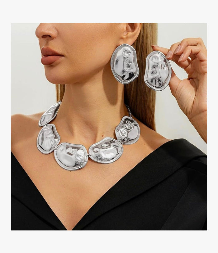 Silver Chunky Abstract Statement Necklace & Earrings Set