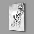 Black and White Bird on Blossom Branch Glass Wall Art