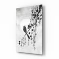 Black and White Bird on Blossom Branch Glass Wall Art