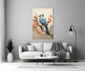 Blue Bird on Coral Blossom Branch Glass Wall Art