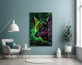 Neon Jungle Leaves Side Gaze Wolf Glass Wall Art