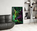 Neon Jungle Leaves Side Gaze Wolf Glass Wall Art