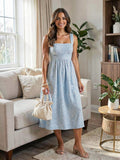Aqua Printed Cotton Smocked MIDI Dress, Size Medium