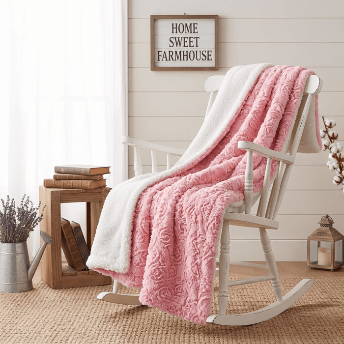 DaDa Bedding Luxury Blossom Pink Rose Buds Pink Sherpa Backside Faux Fur Throw Blanket (BL-171752)