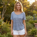 Spoiled Blouse Short Sleeve, Blue, Crocheted Back, Large
