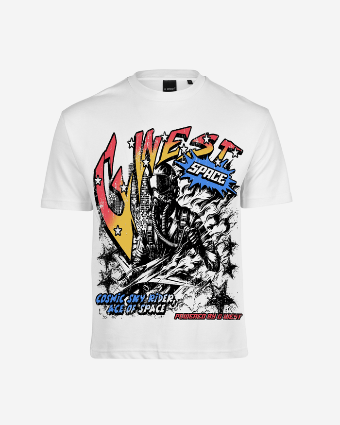 G West Mens Cosmic Sky Ride Double Hit Premium Oversized  Tee Front And Back Print