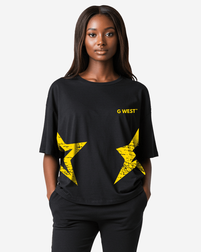 G West Womens Oversized Louisiana Arch Logo Black Tee
