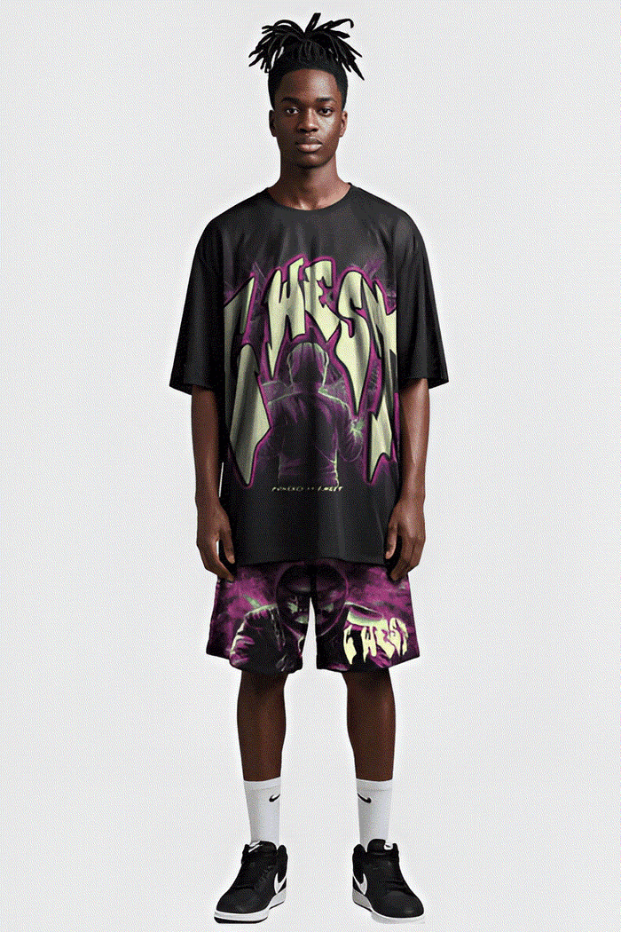 G WEST RHINESTONE MAN IN GLOW 3/4 SLEEVES MESH SHORT SET