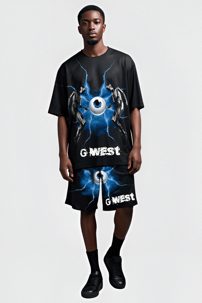 G WEST RHINSTONE EYE OF THE POWER 3/4 SLEEVES MESH SHORT SET