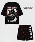 G WEST RHINSTONE HOSTAGAE 3/4 SLEEVES MESH SHORT SET