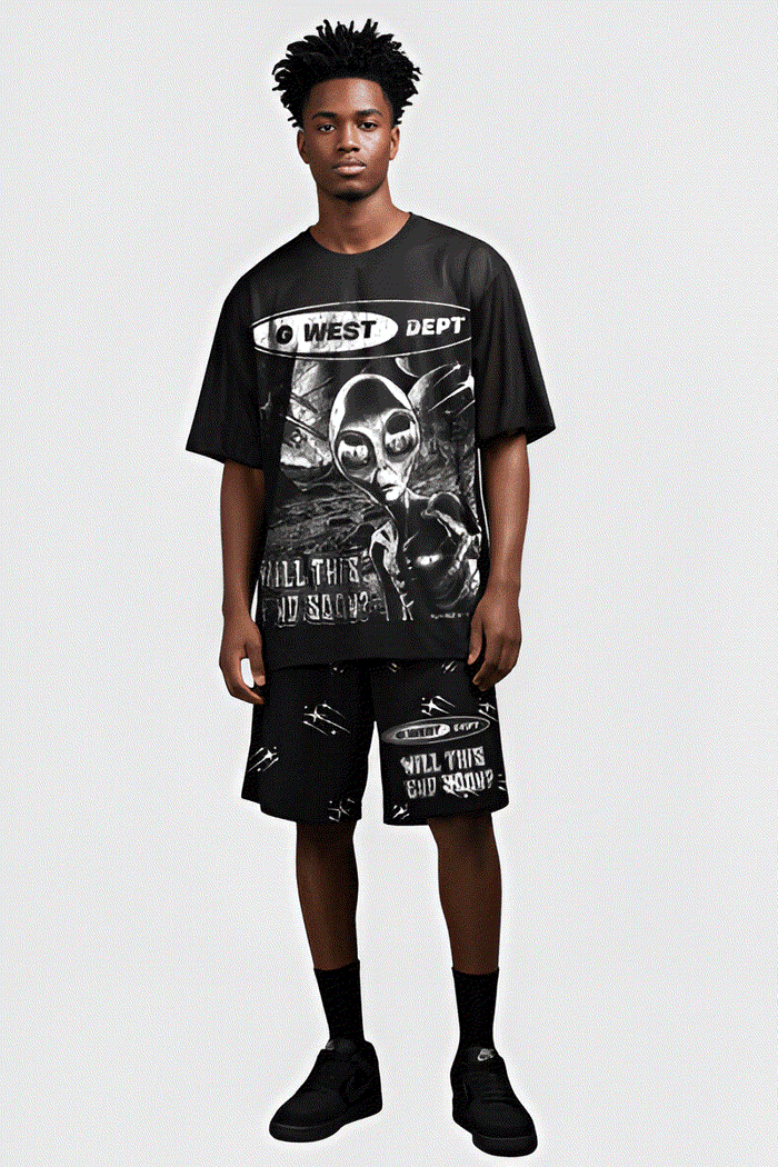 G WEST RHINSTONE NOT MY EARTH 3/4 SLEEVES MESH SHORT SET