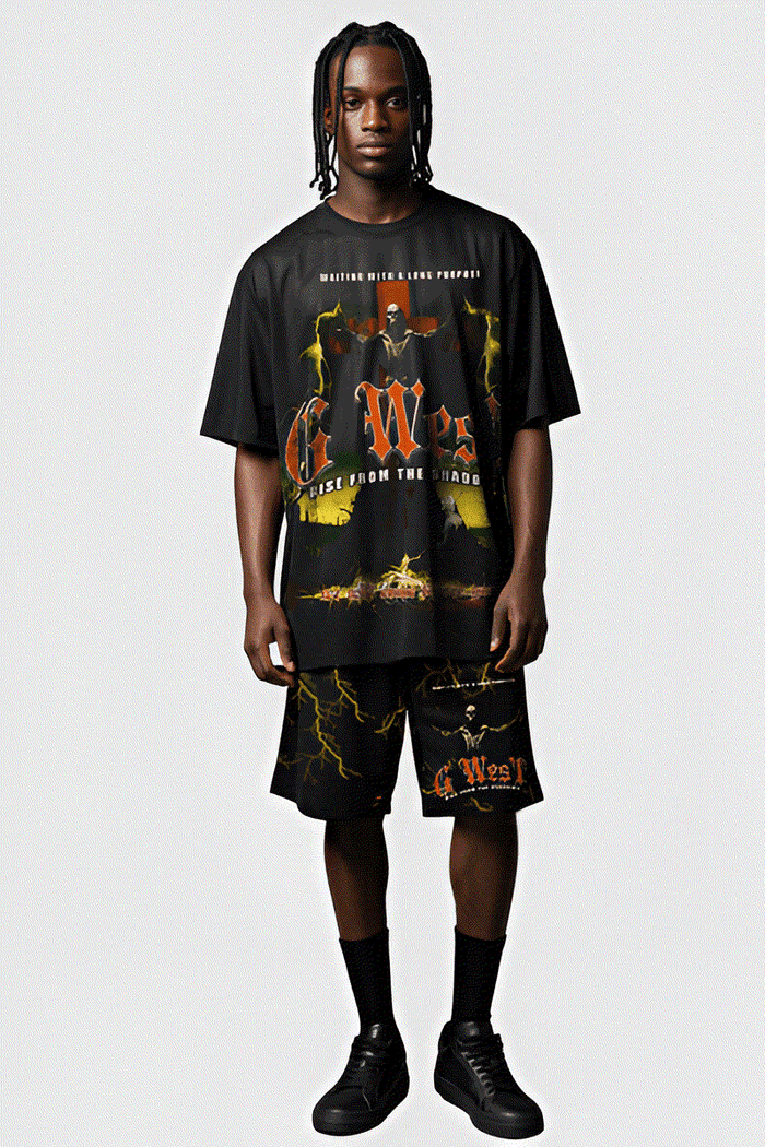 G WEST RHINSTONE RISE FROM THE SHADOW 3/4 SLEEVES MESH SHORT SET