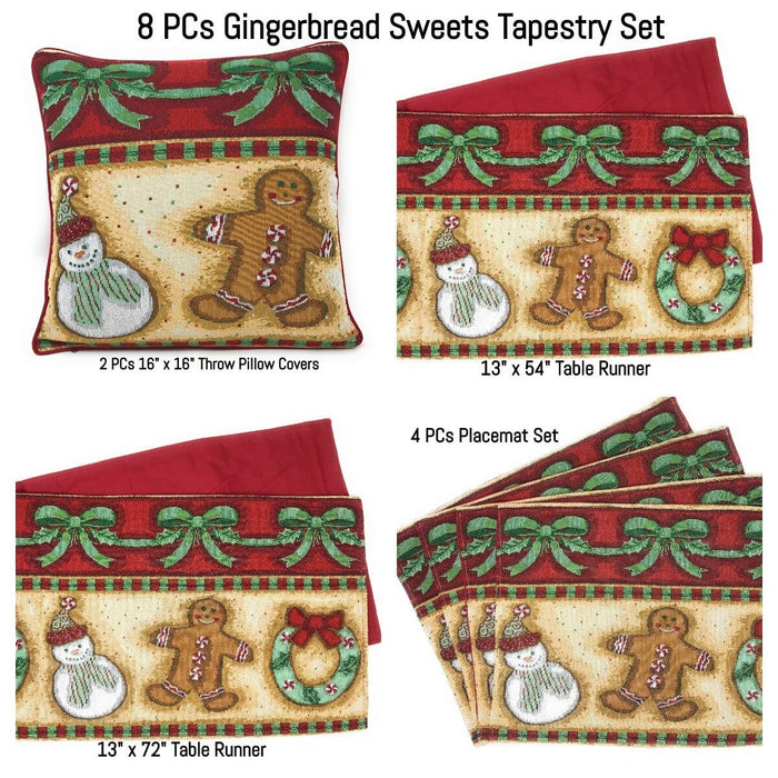 DaDa Bedding Set of 8 Pieces Gingerbread Sweets Holiday Table Tapestry - 4 Placemats, 2 Table Runners, 2 Throw Pillow Covers (12917)