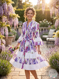 Boston Proper Wisteria Wonder Print Eyelet Inset Tiered A Line Dress, Size 8
