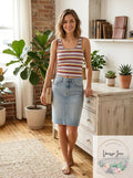 Aqua Rainbow-Stripe Cropped Tank, Round Neck Racerback, Size Small