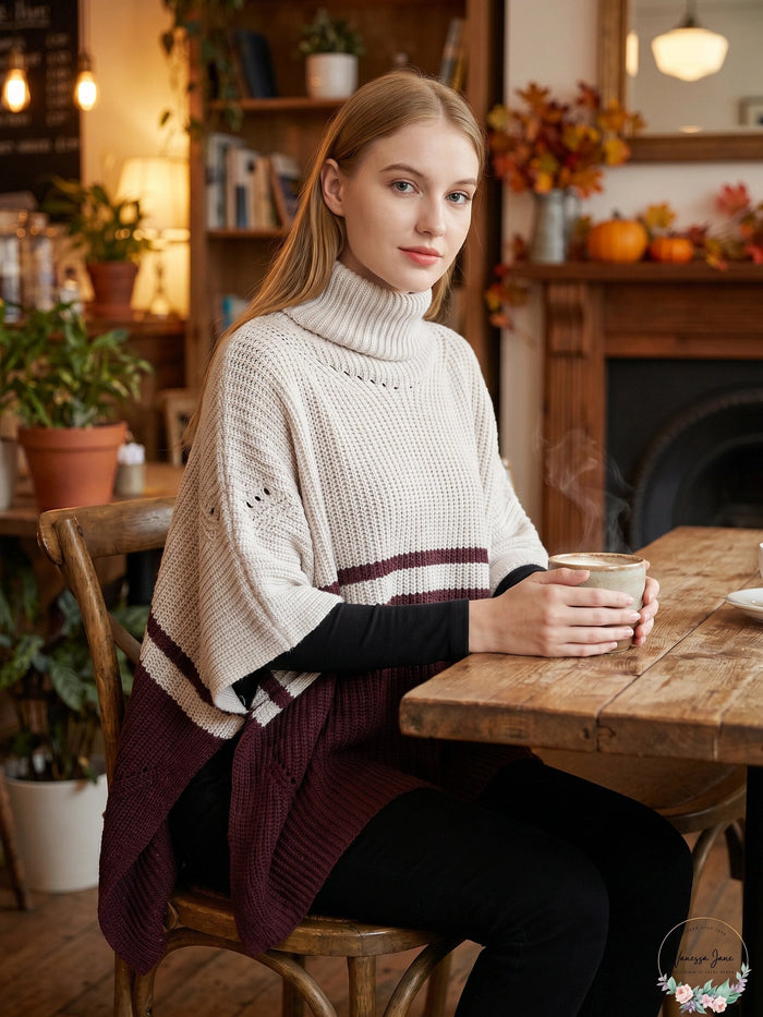 Save the Ocean Sustainable Color Block Pullover Turtleneck Poncho