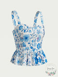 Aqua Floral Print Peplum Top