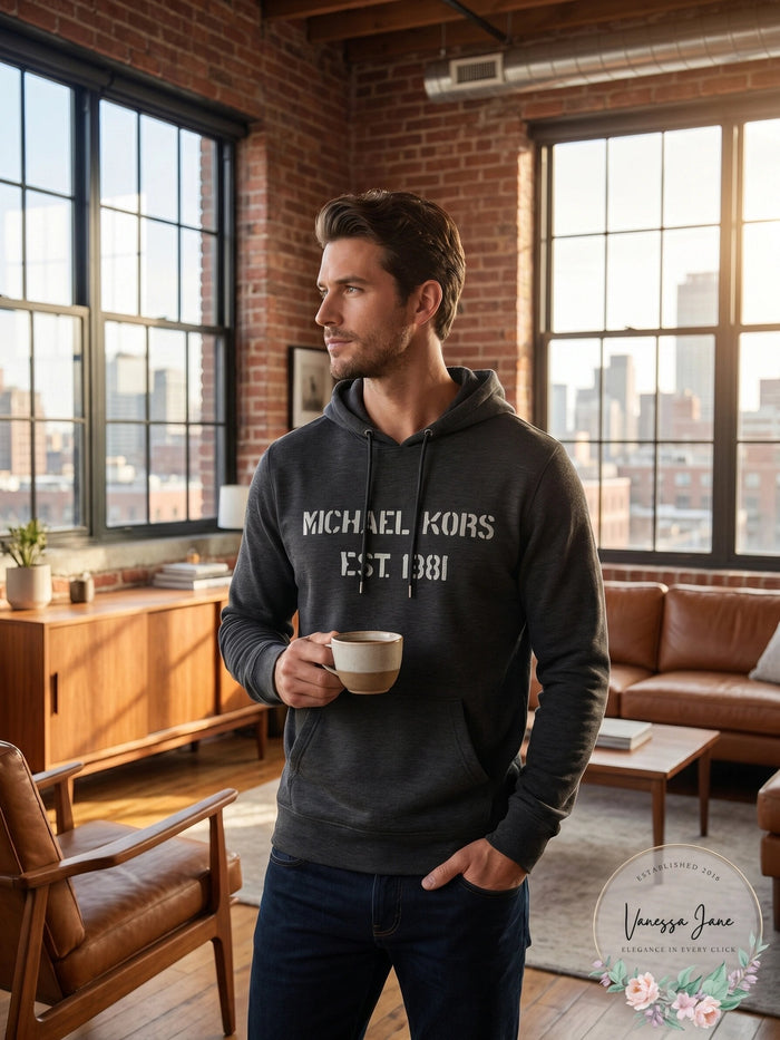 Michael Kors Mens Merino Wool  Sweater Charcoal Pullover Hooded
