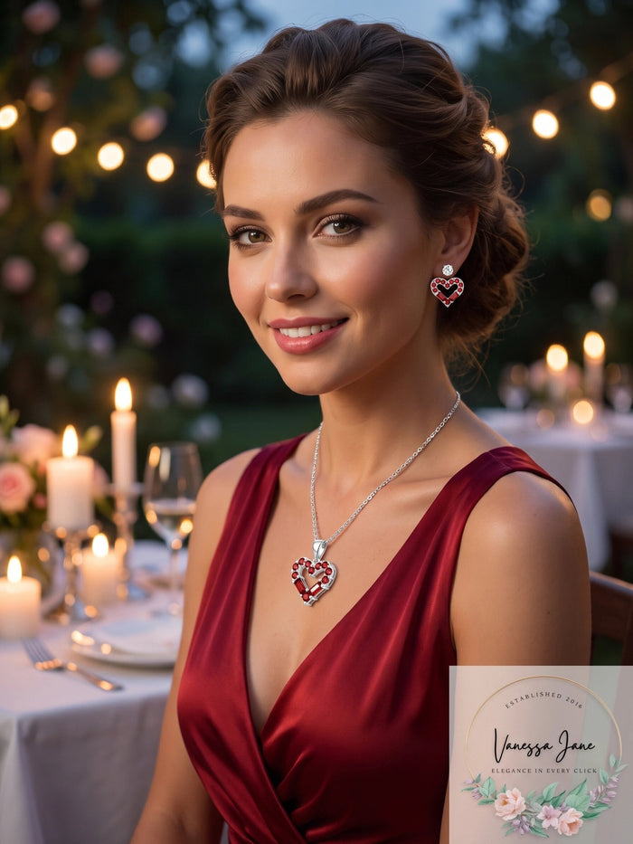 Macys Silver Plate Cubic Zirconia Heart Necklace and Stud Earring Set