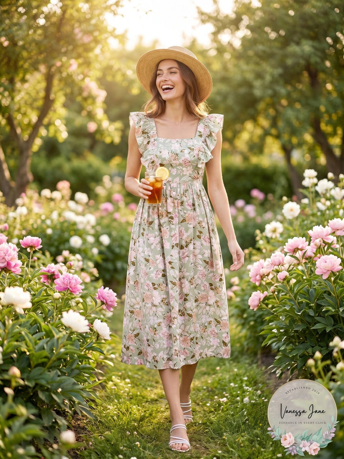 En Saison Maris Floral a-Line Dress in Sage, Size Medium