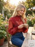 Free People Womens Red Tie Sheer Printed Long Sleeve Crew Neck Top, Size Small