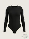 Material Girl Active Long Sleeve Black Varsity Bodysuit, Size Medium