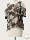 GYPSIES and MOONDUST Womens Green Cold Shoulder Camouflage Short Sleeve, Large