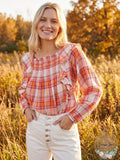 Free People Womens  Ruffled Cut Out Plaid Long Sleeve Square Neck Top, Medium