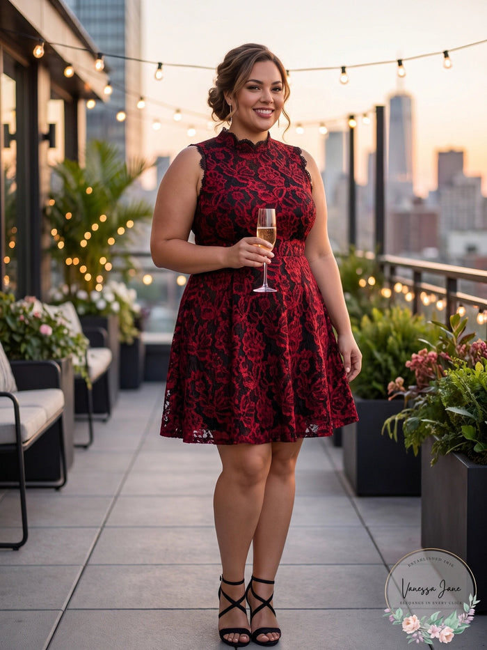 City Studios Women's Floral Sleeveless Mock Fit Flare Party Dress Red