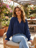 Free People Womens Alpine Denim Tie Neck Top, Blue, Size XS