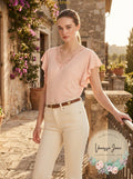 Lauren Ralph Lauren Womens Linen-Blend Jersey Flutter-Sleeve T-Shirt