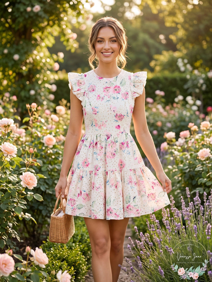 Aqua Printed Eyelet Mini Dress, Size Small