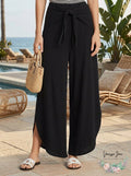 Aqua Rib Knot Front Wide Leg Pants, Black, Size Small