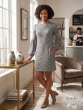 London Times Womens Long Sleeve Round Neck Shift Dress Grey, Size 12