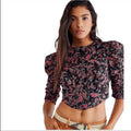Free People Corset Style Puff Sleeve Floral Open Back Top, Black, Size Large