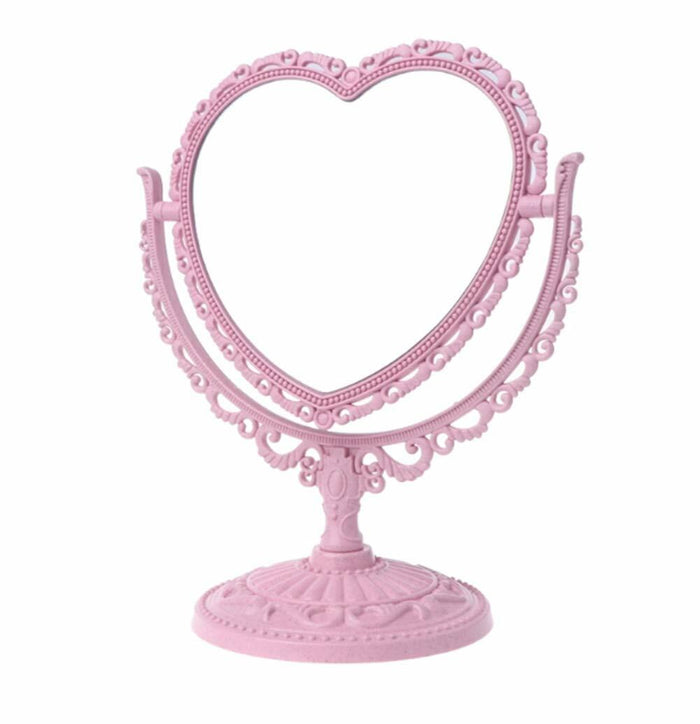 1 Pack Simple and Lovely Heart-Shaped Cosmetic Mirror Plastic Double-Sided Pink