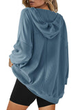 SENSERISE Women’s Oversized V Neck Hoodie Blue Waffle Knit Top Pockets Size M