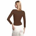 BRISIRA Women's Brown Long Sleeve Crop Top Slim Fit Scoop Neck Tee - Size M