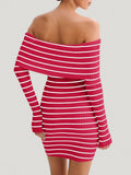 Wenrine Womens Off Shoulder Striped Knit Mini Dress Red Long Sleeve Size M