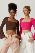 Meyeeka Womens Bell Sleeve Square Neck Crop Top Rose Red S