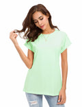 MSHING Women's Simple Crew Neck Plain Loose T-Shirt Light Green Size L Casual