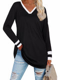 Black V Neck Long Sleeve Tee Women Plus Size S Lightweight Jersey Top