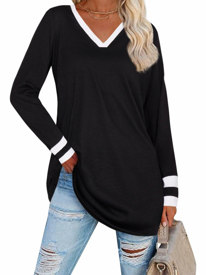 Black V Neck Long Sleeve Tee Women Plus Size S Lightweight Jersey Top