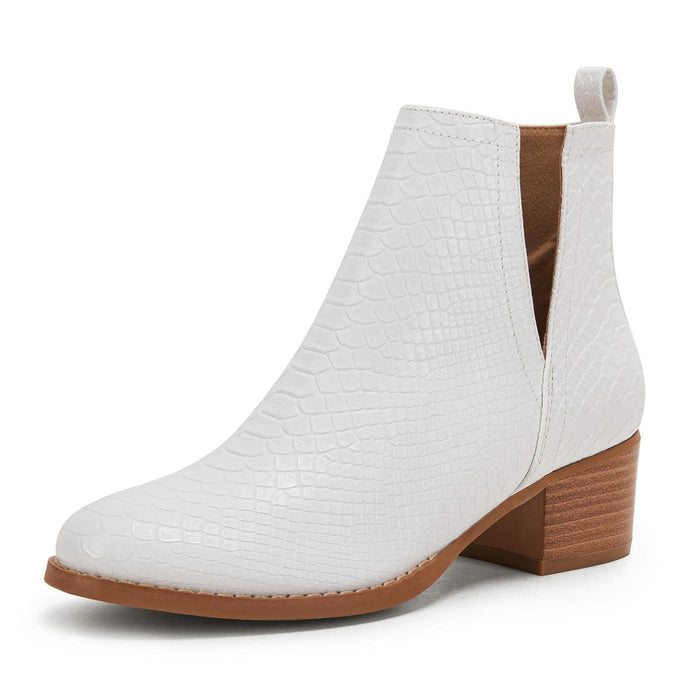 LAICIGO Womens Ankle Boots Slip-On Snakeskin Chunky Stacked Low Heel