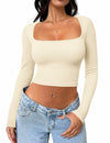 Meyeeka Womens Crop Top Long Sleeve Square Neck Beige Size M