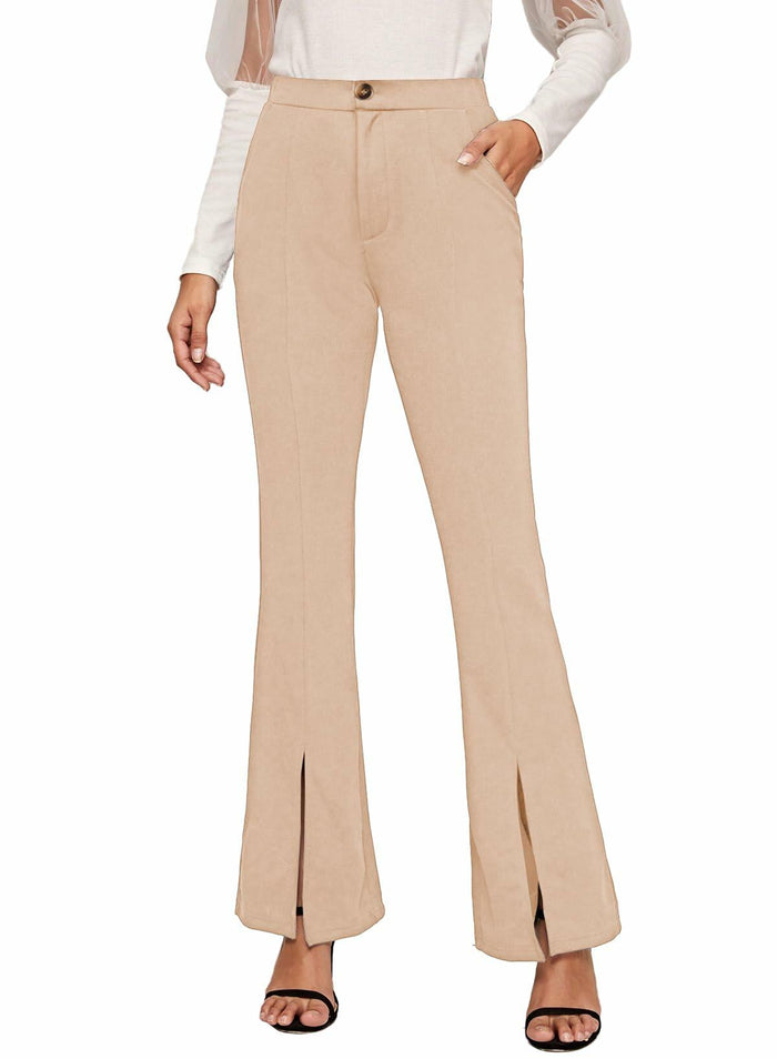 EVALESS Womens Flared Dress Pants Beige XL Slim High Waisted Pockets