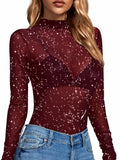 Rooscier Women's Sheer Mesh Mock Neck Long Sleeve Slim Fit Top Red Size M
