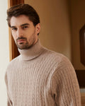Kallspin Men's Wool Blend Cable-Knit Turtle Neck Sweater Coffee Size L
