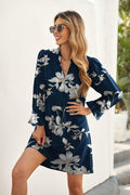 QACOHU V-Neck Mini Dress Blue Flower Long Sleeve Size S