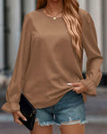 PRETTYGARDEN Ladies Blouse Khaki Pleated Ruffle Sleeve Size S